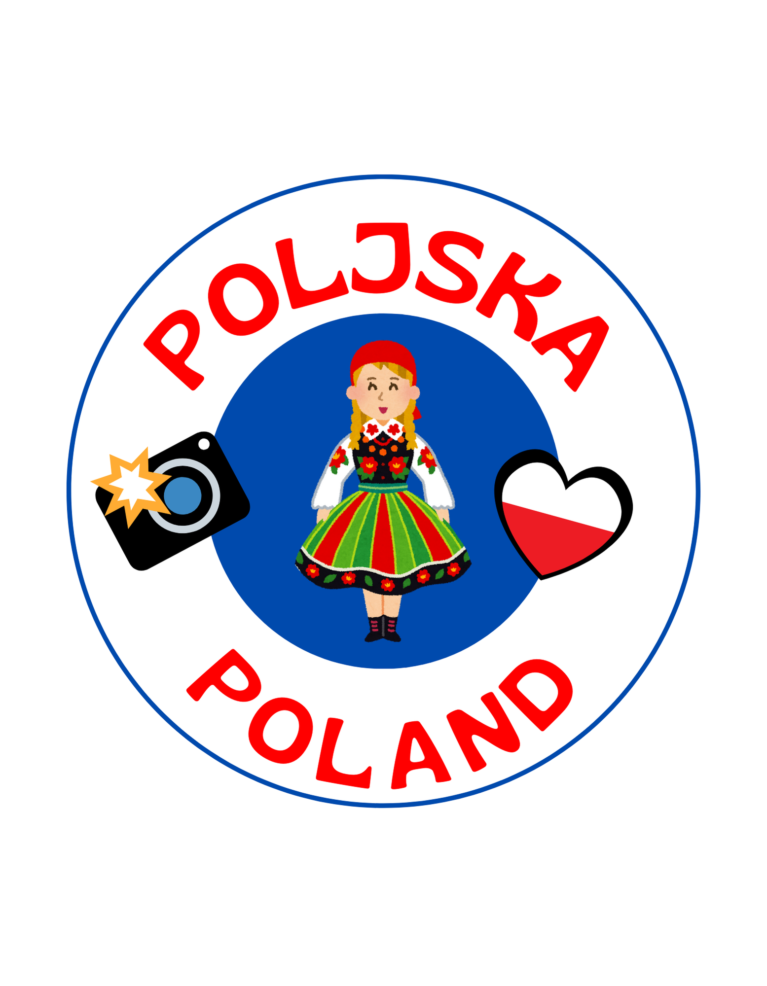 Devojka u poljskoj nošnji u centru kruga, iznad nje piše Poljska, a ispod nje Poland. Sa leve strane kruga je foto-aparat, a sa desne srce u bojama poljske zastave